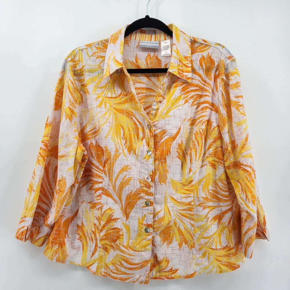 Alfred Dunner Petite Floral Print Button Down Shirt Top Womens 14P Orange Yellow